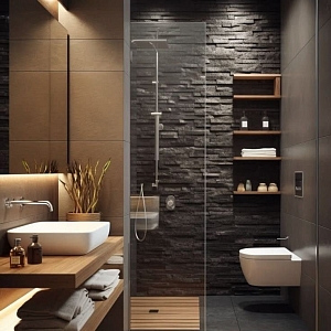 Крупный план 3D панелей из натурального черного кварцита RKS SLATE Black Quartz Classic, демонстрирующих уникальный рельеф и текстуру камня, идеально подходящих для стильной и современной отделки стен в ванной комнате.