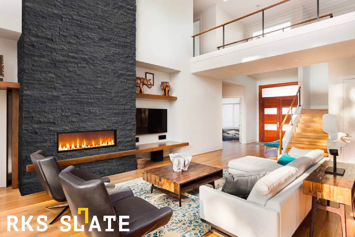 Натуральный камень для отделки камина — 3D мозаика из камня RKS SLATE Кварцит Monsoon Black Rockface