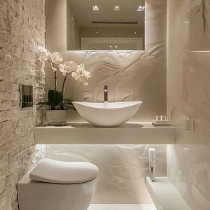 Изображение ванной с 3D панелями RKS SLATE White Quartz Classic, имитация белого кварцита.