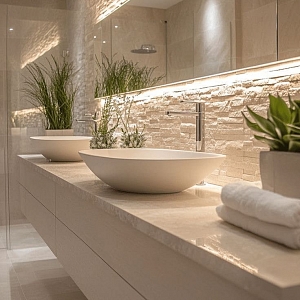 Стильная ванная комната с 3D стеновыми панелями RKS SLATE White Quartz Classic, имитирующими натуральный белый кварц